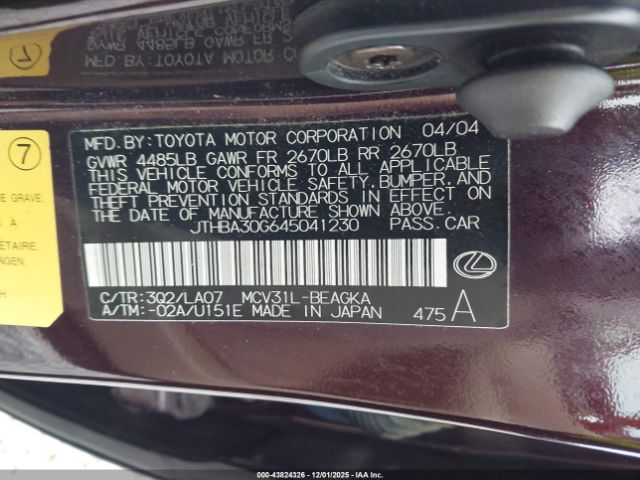 2004 LEXUS ES 330 JTHBA30G645041230 Photo 8