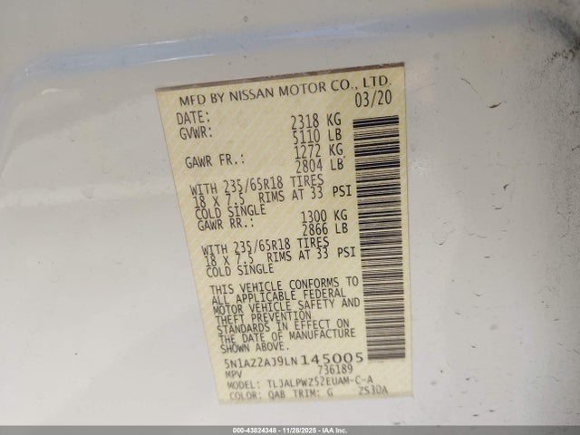 5N1AZ2AJ9LN145005 Nissan Murano S Fwd