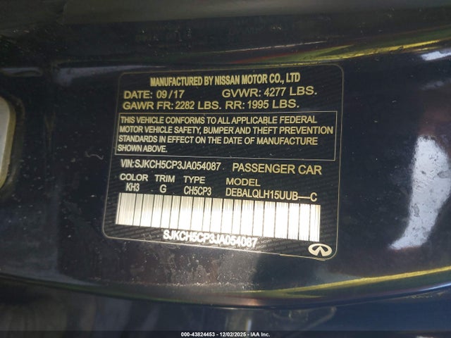 43824453 :رقم المزاد ، SJKCH5CP3JA054087 vin ، 2018 Infiniti Qx30 Luxury مزاد بيع