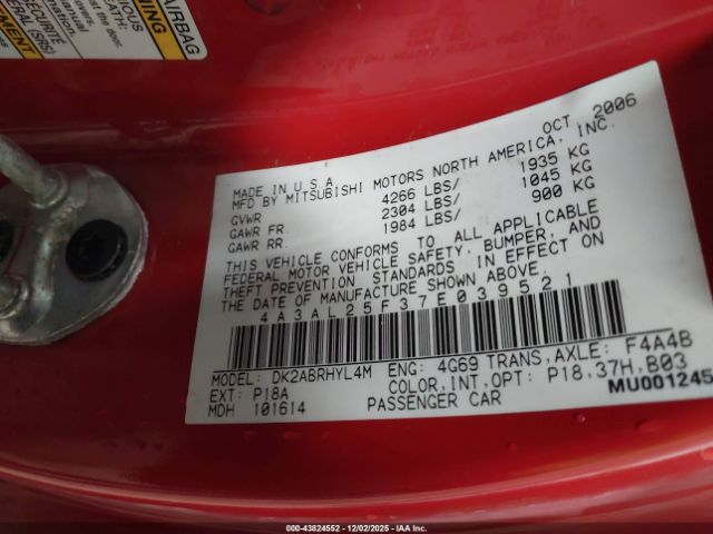 2007 MITSUBISHI ECLIPSE SPYDER 4A3AL25F37E039521 Photo 8