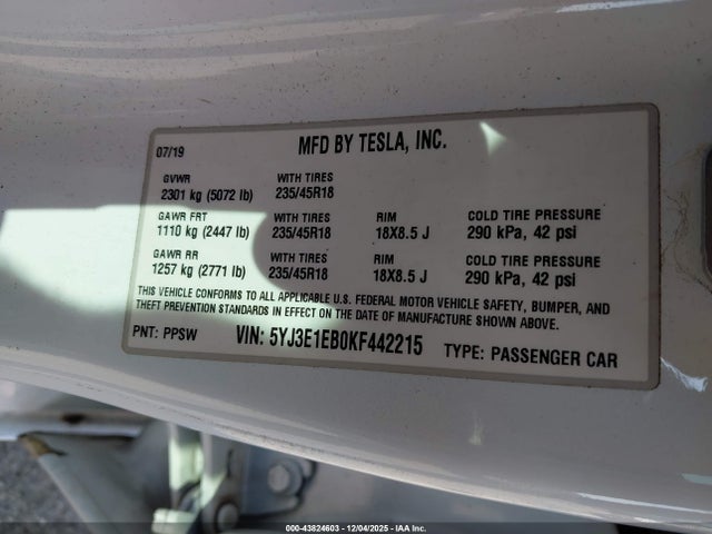 2019 TESLA MODEL 3 5YJ3E1EB0KF442215 Photo 8