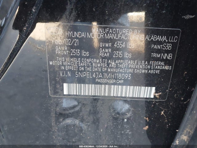 2021 Hyundai Sonata Sel მანქანა იყიდება აუქციონზე, vin: 5NPEL4JA1MH118093, აუქციონის ნომერი: 43824644