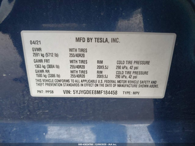 2021 TESLA MODEL Y 5YJYGDEE8MF184458 Photo 8