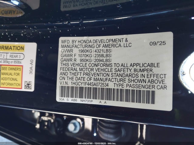 Aukcja sprzedaży 2025 Honda Accord Se, vin: 1HGCY1F44SA072534, numer aukcji: 43824765