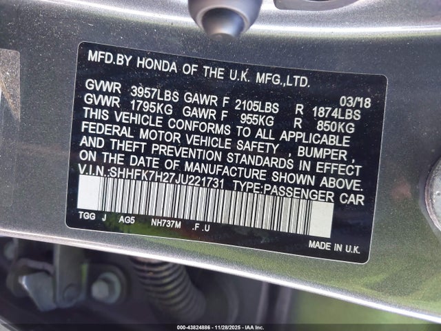 43824886 :رقم المزاد ، SHHFK7H27JU221731 vin ، 2018 Honda Civic Lx مزاد بيع