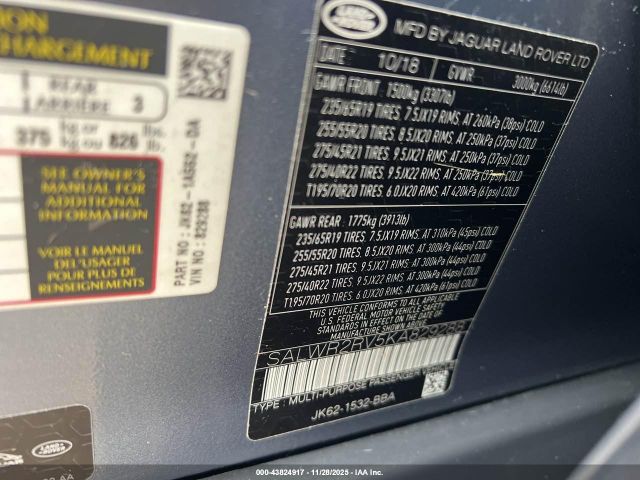 2019 LAND ROVER RANGE ROVER SPORT SALWR2RV5KA829288 Photo 8