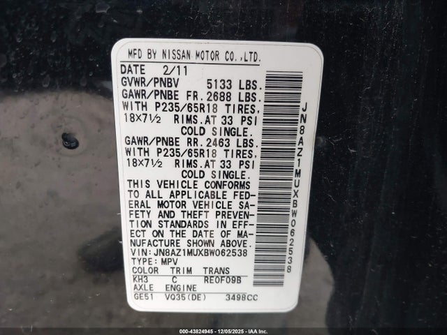 Aukcja sprzedaży 2011 Nissan Murano Sl, vin: JN8AZ1MUXBW062538, numer aukcji: 43824945