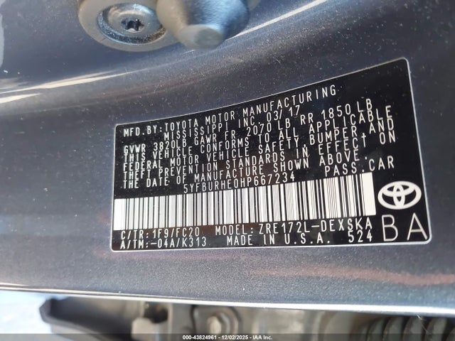 Aukcja sprzedaży 2017 Toyota Corolla Se, vin: 5YFBURHE0HP667234, numer aukcji: 43824961
