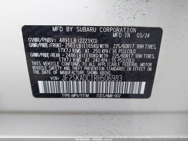 Продаж на аукціоні авто 2024 Subaru Forester Premium, vin: JF2SKADC1RH506983, номер лоту: 43824996
