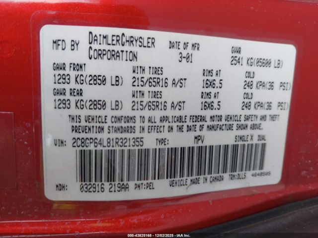 2001 CHRYSLER TOWN & COUNTRY 2C8GP64L81R321355 Photo 8