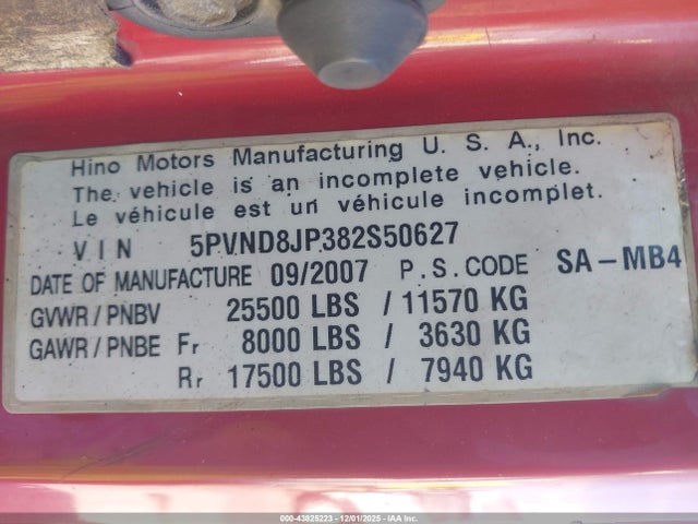 Aukcja sprzedaży 2008 Hino 258, vin: 5PVND8JP382S50627, numer aukcji: 43825223