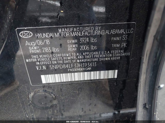 5NPD84LF3JH393613 Hyundai ELANTRA SEL
