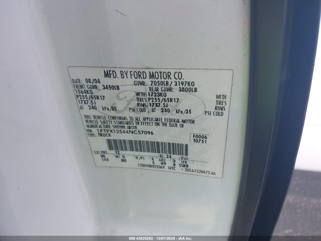 2004 Ford F-150 Lariat/xl/xlt მანქანა იყიდება აუქციონზე, vin: 1FTPX12544NC57096, აუქციონის ნომერი: 43825292