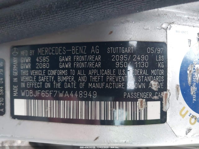 1998 Mercedes-benz E 320 მანქანა იყიდება აუქციონზე, vin: WDBJF65F7WA448949, აუქციონის ნომერი: 43825319