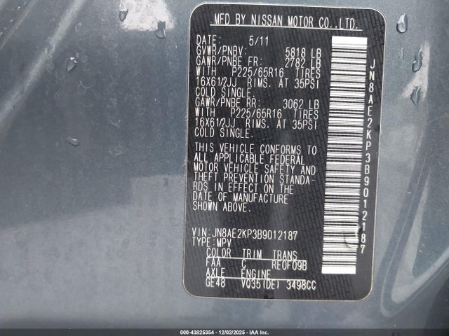 Продажа на аукционе авто 2011 Nissan Quest S, vin: JN8AE2KP3B9012187, номер лота: 43825354