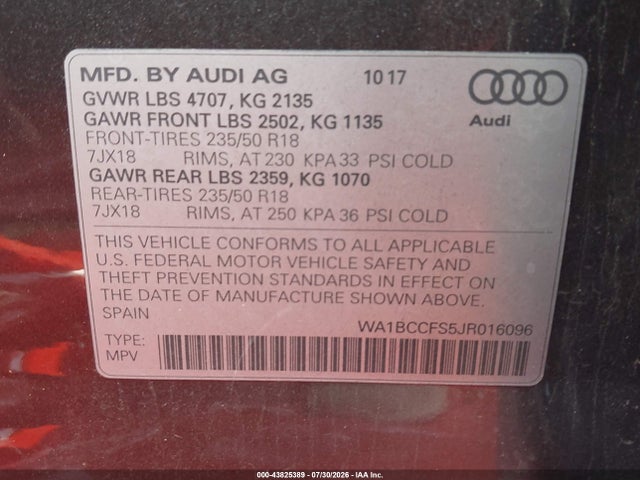 Aukcja sprzedaży 2018 Audi Q3 2.0t Premium/2.0t Sport Premium, vin: WA1BCCFS5JR016096, numer aukcji: 43825389