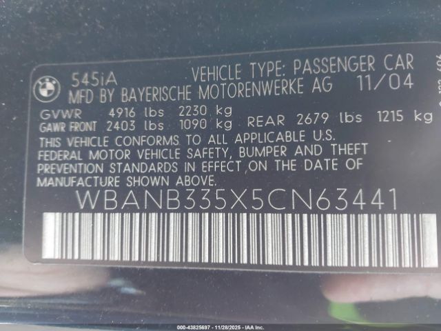 2005 BMW 545I WBANB335X5CN63441 Photo 8