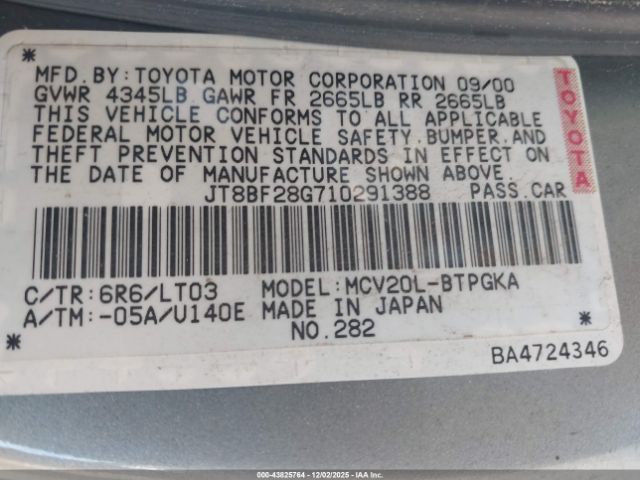 2001 LEXUS ES 300 JT8BF28G710291388 Photo 8