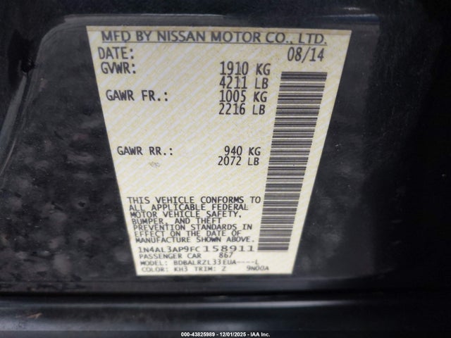 Nissan Altima 2.5 Sl 2015 1N4AL3AP9FC158911 Image 9