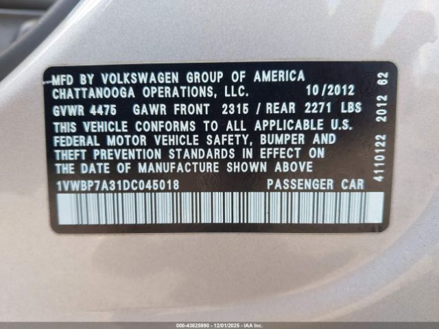 2013 VOLKSWAGEN PASSAT 1VWBP7A31DC045018 Photo 8