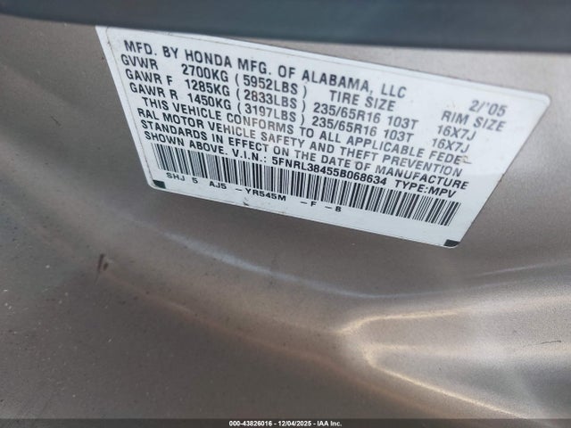 2005 HONDA ODYSSEY 5FNRL38455B068634 Photo 8
