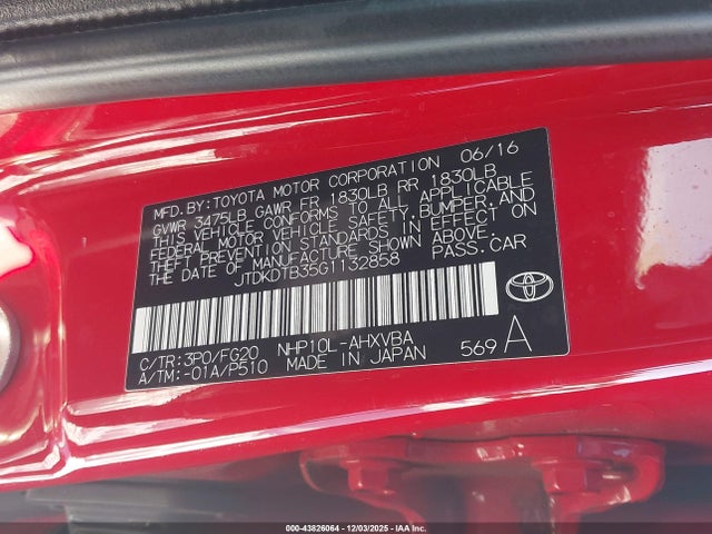 JTDKDTB35G1132858 Toyota Prius C Two