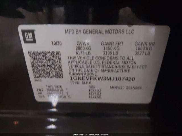 1GNEVFKW3MJ107420 Chevrolet Traverse Awd Ls