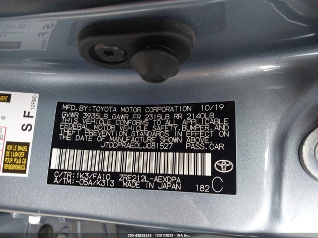 43826248 :رقم المزاد ، JTDDPRAE0LJ081527 vin ، 2020 Toyota Corolla L مزاد بيع