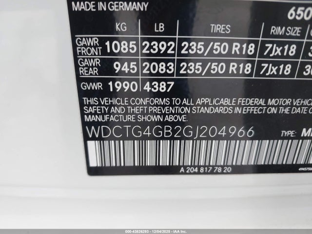 WDCTG4GB2GJ204966 Mercedes-Benz Gla 250 4matic