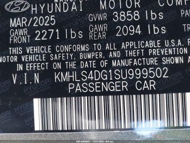 Aukcja sprzedaży 2025 Hyundai Elantra Sel Convenience, vin: KMHLS4DG1SU999502, numer aukcji: 43826627