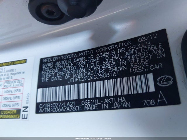 43826699 :رقم المزاد ، JTHFE2C24C2508161 vin ، 2012 Lexus Is 350c مزاد بيع
