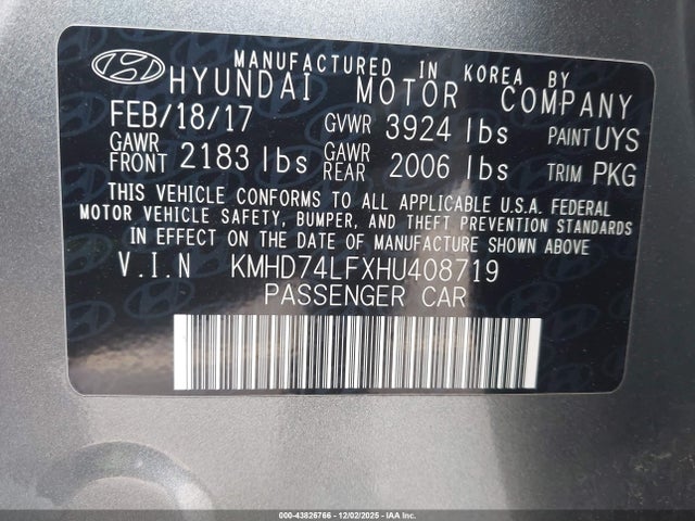 KMHD74LFXHU408719 Hyundai ELANTRA SE