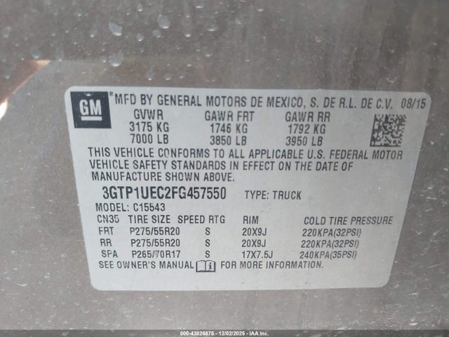 Aukcja sprzedaży 2015 Gmc Sierra 1500 Sle, vin: 3GTP1UEC2FG457550, numer aukcji: 43826875