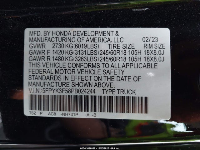 2023 Honda Ridgeline Rtl მანქანა იყიდება აუქციონზე, vin: 5FPYK3F58PB024244, აუქციონის ნომერი: 43826887