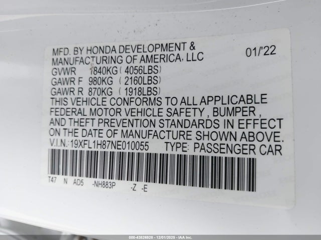 19XFL1H87NE010055 Honda Civic Sport Touring
