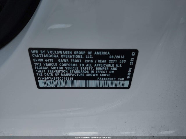 Продажа на аукционе авто 2014 Volkswagen Passat 2.5l Wolfsburg Edition, vin: 1VWAP7A34EC019218, номер лота: 43826960