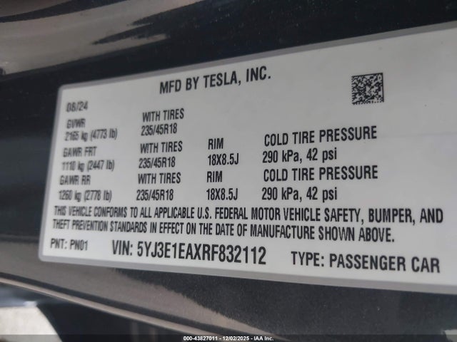 Aukcja sprzedaży 2024 Tesla Model 3, vin: 5YJ3E1EAXRF832112, numer aukcji: 43827011