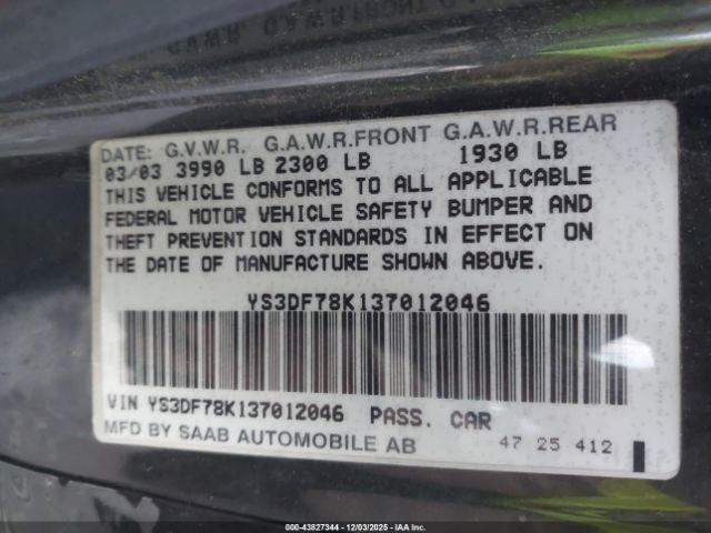 2003 SAAB 9-3 YS3DF78K137012046 Photo 8