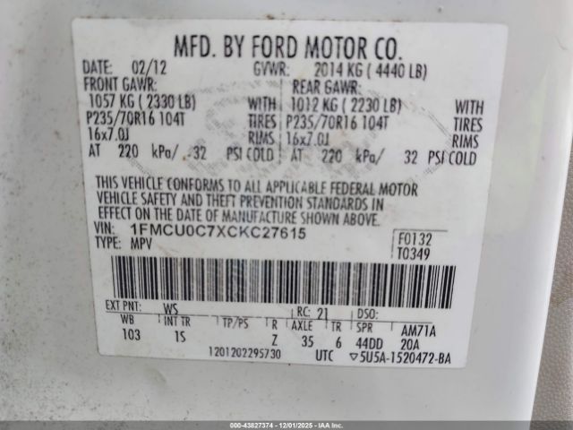 2012 FORD ESCAPE 1FMCU0C7XCKC27615 Photo 8