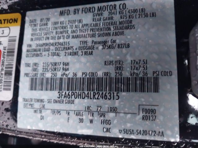 2020 FORD FUSION 3FA6P0HD4LR246315 Photo 8