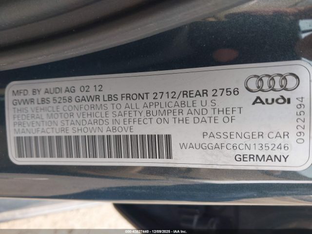2012 AUDI A6 WAUGGAFC6CN135246 Photo 8