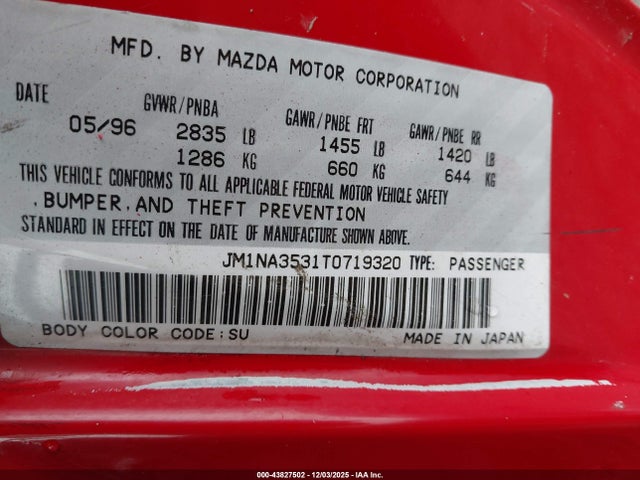Aukcja sprzedaży 1996 Mazda Mx-5 Miata, vin: JM1NA3531T0719320, numer aukcji: 43827502