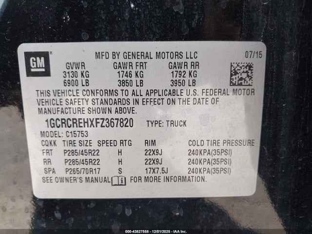 1GCRCREHXFZ367820 Chevrolet Silverado 1500 1lt