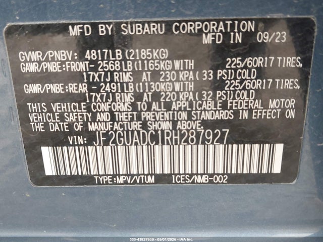 2024 Subaru Crosstrek Premium მანქანა იყიდება აუქციონზე, vin: JF2GUADC1RH287927, აუქციონის ნომერი: 43827639