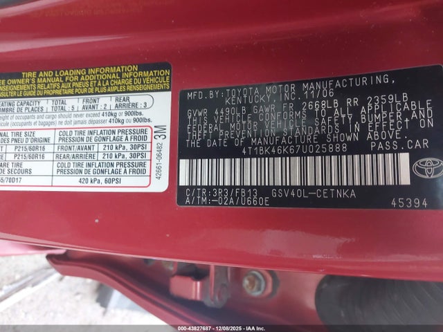 2007 Toyota Camry Le V6 მანქანა იყიდება აუქციონზე, vin: 4T1BK46K67U025888, აუქციონის ნომერი: 43827687