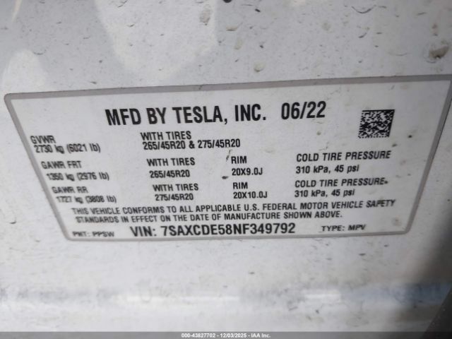 2022 TESLA MODEL X 7SAXCDE58NF349792 Photo 8