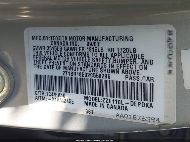 2002 TOYOTA COROLLA 2T1BR18E02C558296 Photo 8