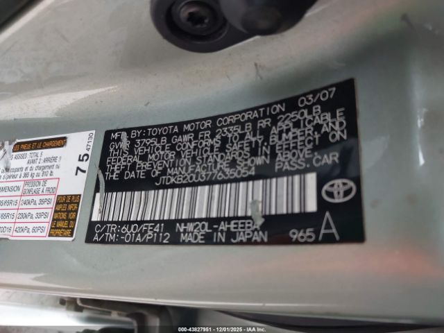 2007 TOYOTA PRIUS JTDKB20U377635054 Photo 8