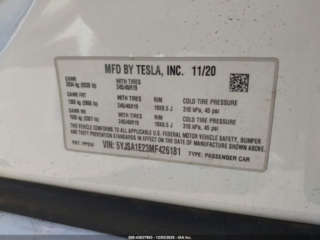 2021 TESLA MODEL S 5YJSA1E23MF426181 Photo 8