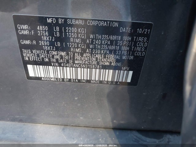 Продаж на аукціоні авто 2022 Subaru Outback Limited, vin: 4S4BTANC5N3158781, номер лоту: 43828020